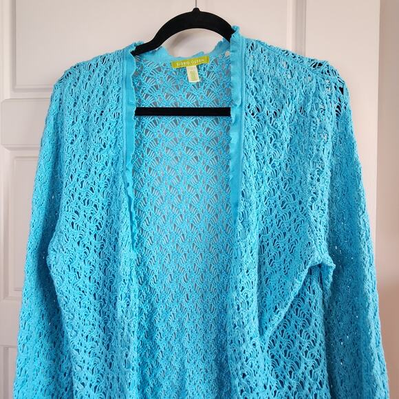 Sigrid Olsen Cardigan Sweater Womens Large Open Weave Aqua Blue Crochet - Picture 2 of 9